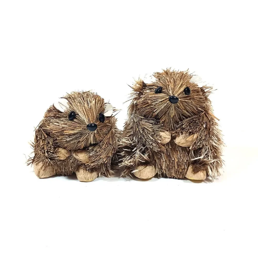 Vintage Sisal Straw Hedgehog Figurines Set of 2 Natural Fiber Fall Decor Cute